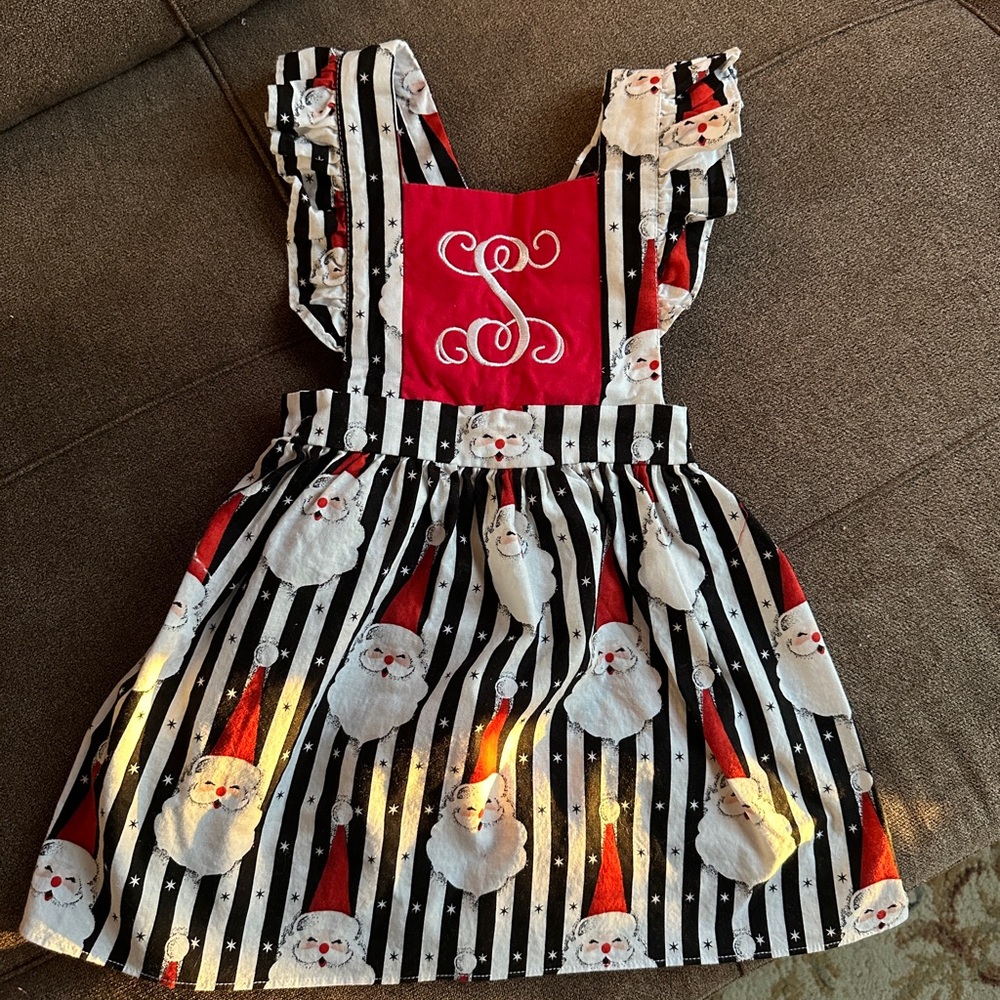 Ricrac & Ruffles Initial Santa Pinafore Dress with Embroidered S Size 2T